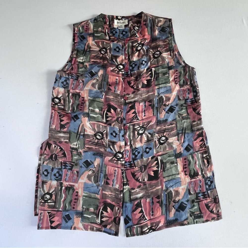 Bogari Vintage Woman Sleeveless 100% SILK Floral Abstract Multicolor Shirt M